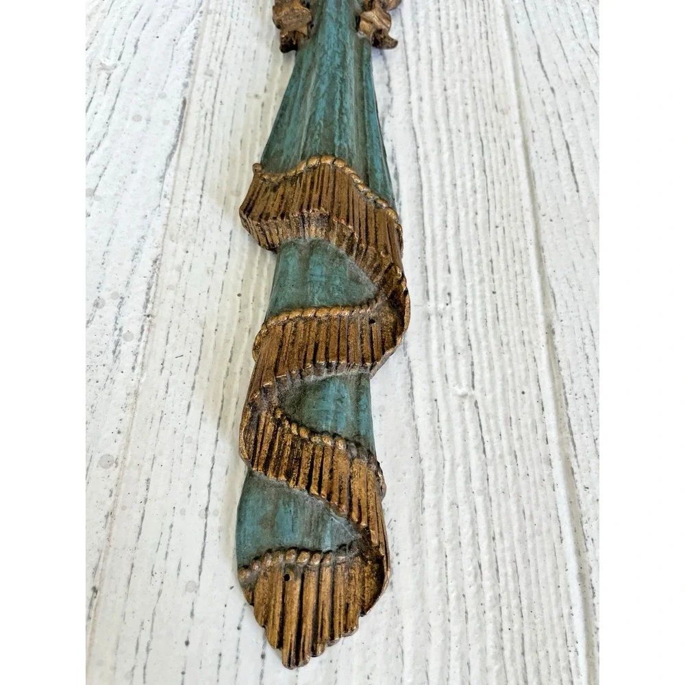 Vtg  Resin Wall Swag Gold & Turquoise Bow & Draped Fabric Tassel Wall Hanging